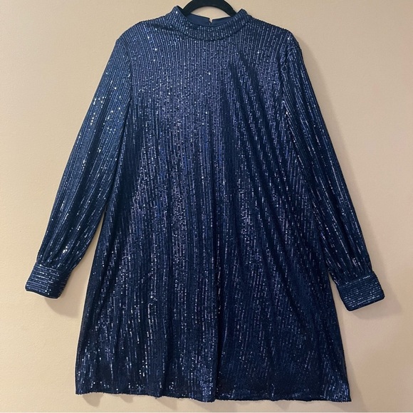 Chi Chi London Navy Blue Sequin Shift Dress Mock Neck Special Occasion Size 10 - Picture 2 of 16